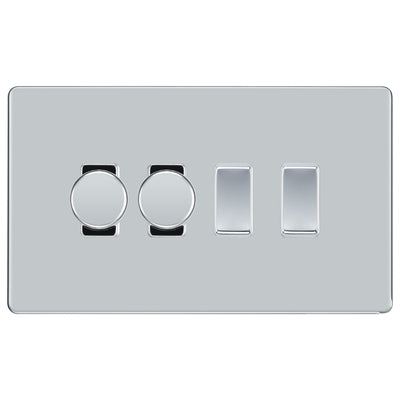 BG Polished Chrome Screwless Flat Plate 4 Gang Light Switch 2x Trailing Edge LED Dimmer 2x 2 Way Custom Switch by British General (SCREWLESS-PC-4G-CUSTOM-2x-DIMMER-2x-2Way)