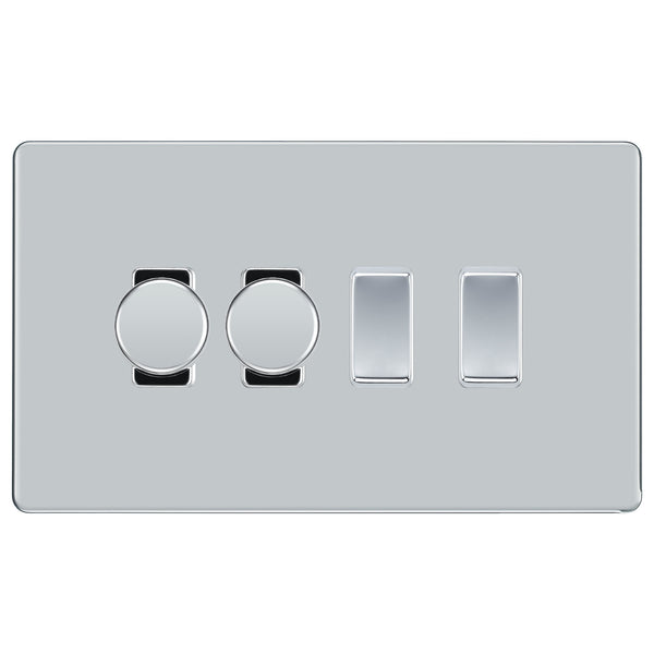 BG Polished Chrome Screwless Flat Plate 4 Gang Light Switch 2x Trailing Edge LED Dimmer 2x 2 Way Custom Switch