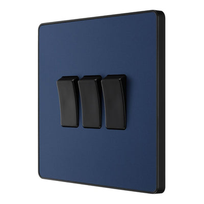 BG Evolve Matt Blue 3 Gang 20A 16AX 2 Way Light Switch PCDDB43B with 35mm Steel Back Box