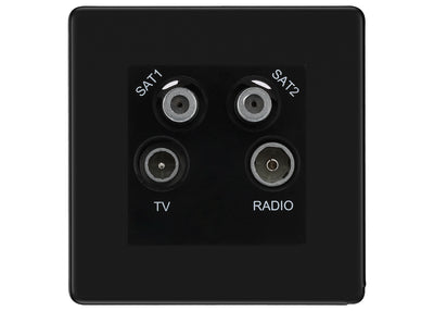 BG Screwless Matt Black TV/FM/2x SAT Quadplex Socket – Black Insert by British General (BG-FFBTVFMSAT2B)