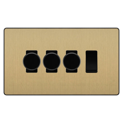 BG Evolve Satin Brass 4 Gang Light Switch 3x Trailing Edge LED Dimmer 1x 2 Way Custom Switch by British General (Evolve-SB-CUSTOM-4GANG-3x-DIMMER-1x-2WAY)