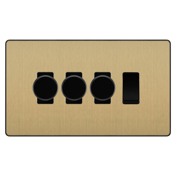 BG Evolve Satin Brass 4 Gang Light Switch 3x Trailing Edge LED Dimmer 1x 2 Way Custom Switch