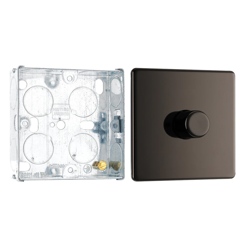 BG Screwless Black Nickel 200W 2 Way Single Trailing Edge Dimmer Switch FBN81 with 25mm Steel Back Box