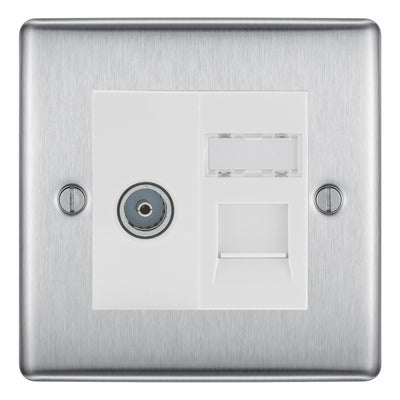 BG Nexus Brushed Steel TV Aerial & RJ45 CAT6 Data Socket - White Insert