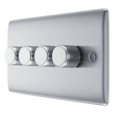 BG Nexus Brushed Steel 200W 2-Way 4 Gang Trailing Edge Push Dimmer & Surface Pattress Back Box