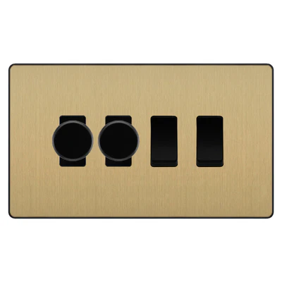 BG Evolve Satin Brass 4 Gang Switch 2x Trailing Edge LED Dimmer 2x Intermediate Custom Grid Switch by British General (BG-Evolve-SB-4G-CUSTOM-2x-Dimmer-2x-INT)