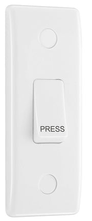 BG 849 White Round Edge 10A Single Architrave Switch marked PRESS 1 Way