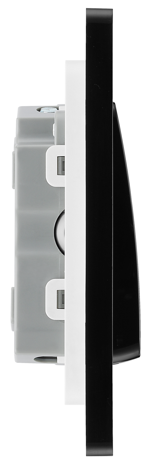 PCDSB15B Side - This Evolve Satin Brass 10A triple pole fan isolator switch from British General provides a safe and simple method of isolating mechanical fan units. This switch has a low profile screwless flat plate that clips on and off, making it ideal for modern interiors.