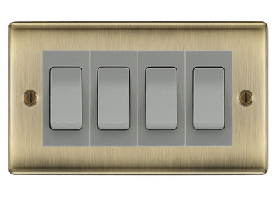 BG Nexus Antique Brass 4 Gang 20AX 2-Way Switch Custom Grid - Grey Insert by British General (BG-Nexus-AB-4G-Combo-4x 2WAY-GR)