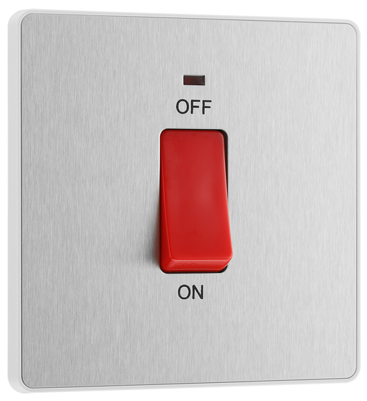 PCDBS74W Front - This Evolve Brushed Steel 45A double pole switch with indicator from British General is ideal for use with cookers and ovens.