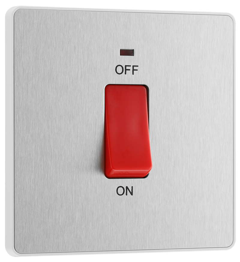 BG PCDBS74W Brushed Steel Evolve 45A 2 Pole LED Switch - White Insert