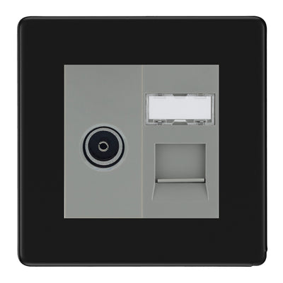 BG Screwless matt black TV Aerial & RJ45 CAT6 Data Socket - Grey Insert by British General