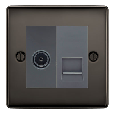 BG Nexus Black Nickel TV Aerial & BT Telephone Outlet Plate — Screened + IDC - Grey