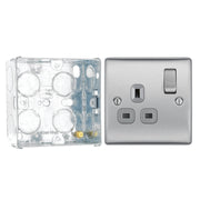 BG Nexus Metal Brushed Steel 13A Single Switched Socket NBS21G with 35mm Steel Back Box