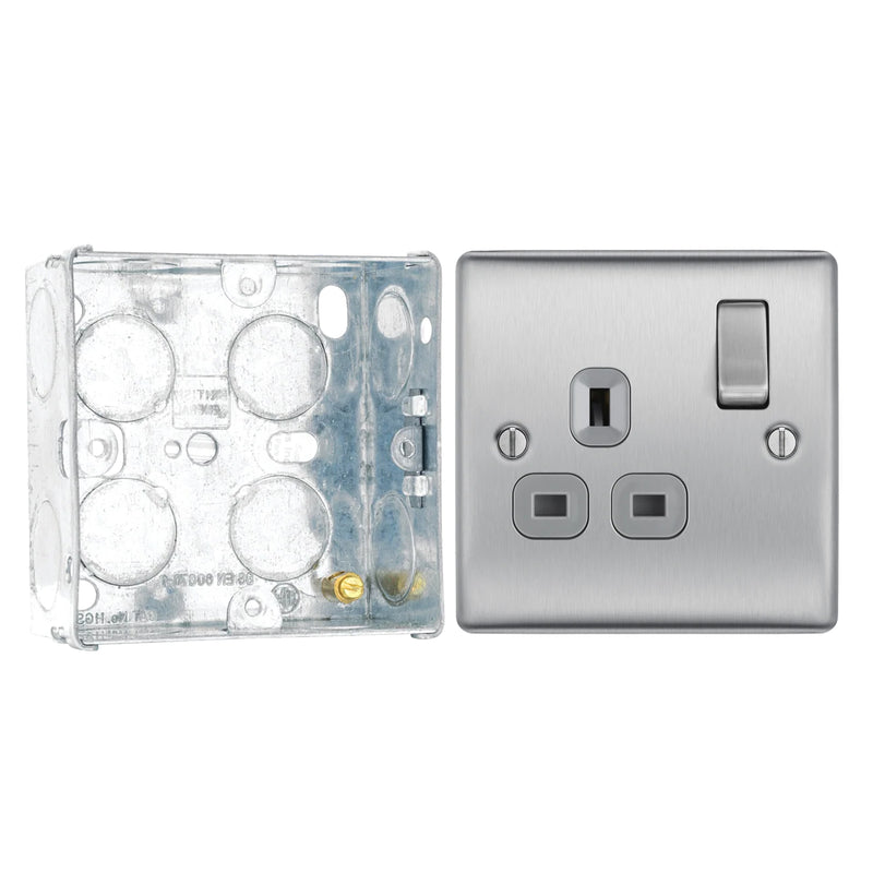 BG Nexus Metal Brushed Steel 13A Single Switched Socket NBS21G with 35mm Steel Back Box