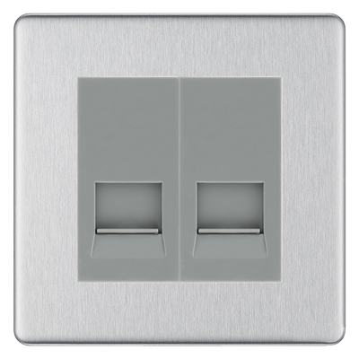 BG Screwless Brushed Steel Double Secondary Telephone Socket, Screw Terminal - Grey Insert
