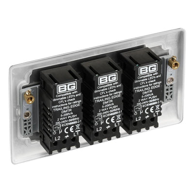 BG Nexus Brushed Steel 200W 2-Way 3 Gang Trailing Edge Push Dimmer & Surface Pattress Back Box