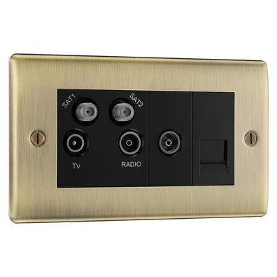 BG Nexus Antique Brass Quadplex 2x Satellite BT and Co-Axial Socket with Surface Pattress Back Box