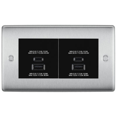 BG Brushed Steel 4G Faceplate with 45W USB A+C Charger Modules – Black Insert by British General (BG-NBSEMR4+EMUSBAC45B)