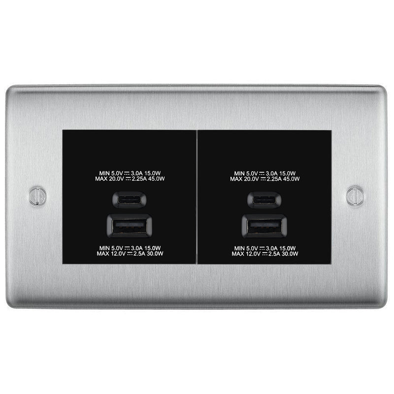 BG Brushed Steel 4G Faceplate with 45W USB A+C Charger Modules – Black Insert