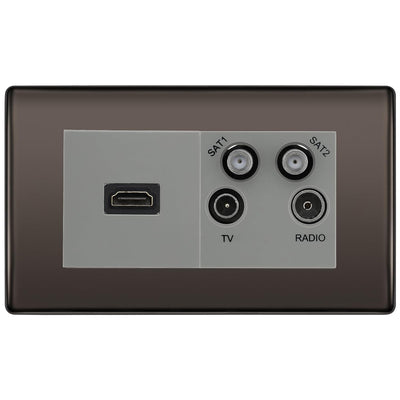 BG Nexus Black Nickel 4G Faceplate with HDMI + TV/FM/SAT Module - Grey Insert by British General (BG-NBNEMR4-HDMI-TVFM2G)
