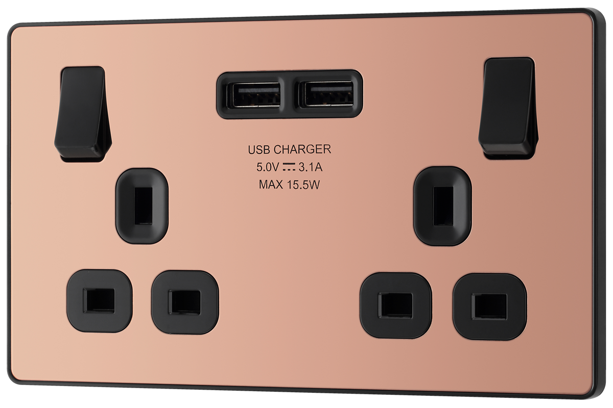BG Evolve PCDCP22U3B Polished Copper 2 Gang 13A 2x USB-A 3.1A Switched Socket Outlet - Black Insert by British General (BG-PCDCP22U3B-Shopify-SA_1)