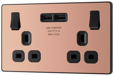 BG Evolve PCDCP22U3B Polished Copper 2 Gang 13A 2x USB-A 3.1A Switched Socket Outlet - Black Insert by British General (BG-PCDCP22U3B-Shopify-SA_1)