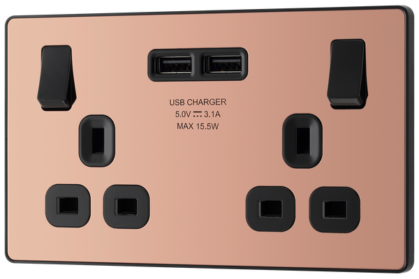  PCDCP22U3B Front - This Evolve Polished Copper 13A double power socket from British General comes with two USB charging ports, allowing you to plug in an electrical device and charge mobile devices simultaneously without having to sacrifice a power socket. 