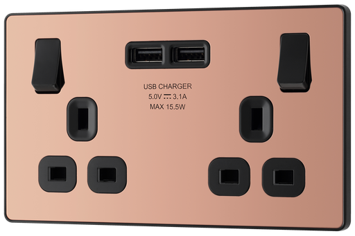  PCDCP22U3B Front - This Evolve Polished Copper 13A double power socket from British General comes with two USB charging ports, allowing you to plug in an electrical device and charge mobile devices simultaneously without having to sacrifice a power socket. 