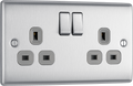 BG NBS22G Nexus Metal Brushed Steel 2 Gang 13A Switched Socket - Grey Insert