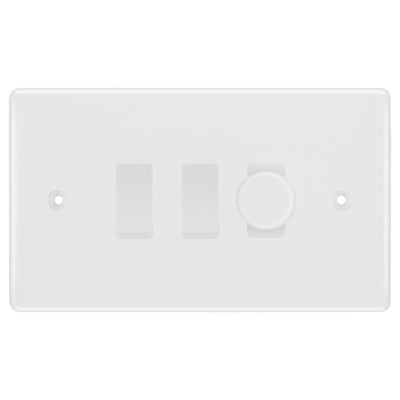 BG White 3 Gang Light Switch 1x Trailing Edge LED Dimmer 2x 2 Way Custom Switch by British General (BG-NEXUS-WM-3G-CUSTOM-1xDIMMER-2x 2WAY)
