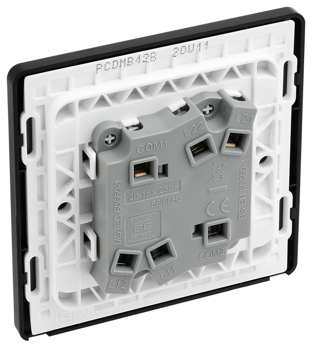 PCDMB42B Back - This Evolve Matt Black 20A 16AX double light switch from British General can operate 2 different lights, whilst the 2 way switching allows a second switch to be added to the circuit to operate the same light from another location (e.g. at the top and bottom of the stairs).