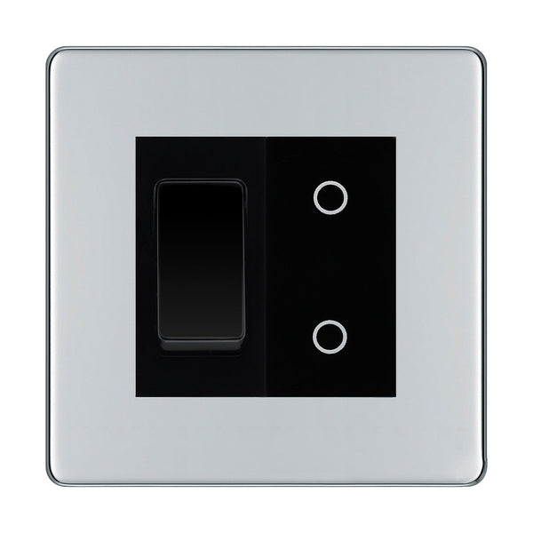 BG Polished Chrome Screwless 2 Gang Custom Switch 1x 2 Way Switch 1x Master Touch Dimmer Black Inserts