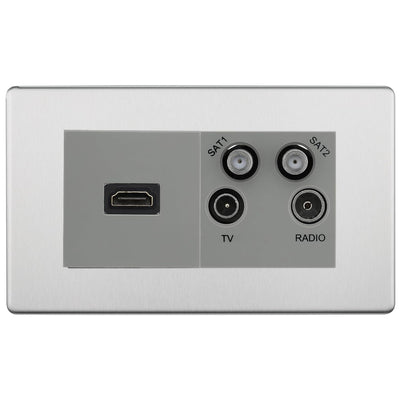 BG Screwless Brushed Steel 4G Faceplate with HDMI + TV/FM/SAT Module - Grey by British General (BG-FBSEMR4-HDMI-TVFM2G)