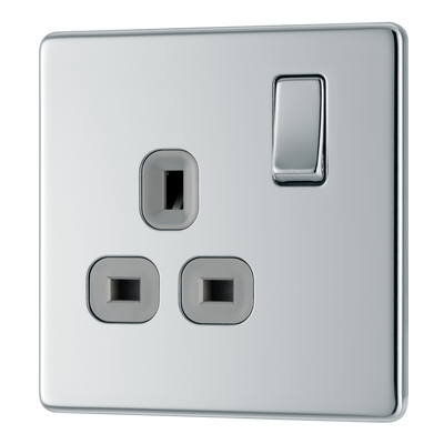 BG FPC21G Nexus Screwless Flat-Plate Single Switched Plug Socket Polished Chrome Grey Insert 13A