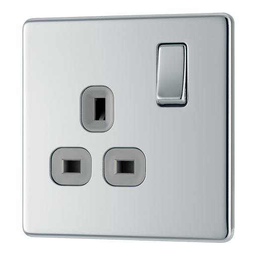  FPC21G Front - This Screwless Flat plate polished chrome finish 13A single switched socket from British General has a sleek flat profile that clips on and off for a screwless premium finish with no visible plastic around the switch.