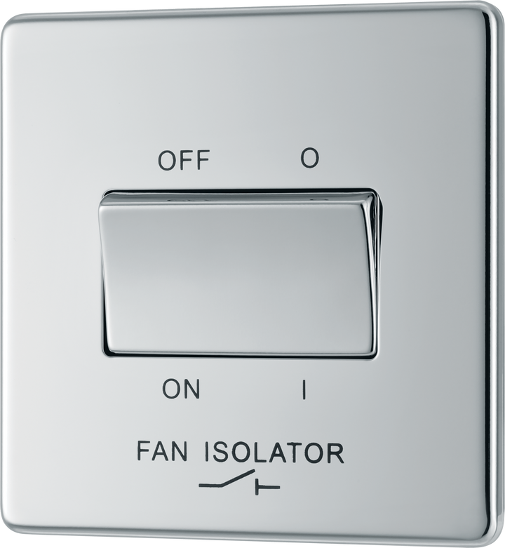 FPC15 Front - This Screwless Flat plate polished chrome finish 10A triple pole fan isolator switch from British General provides a safe and simple method of isolating mechanical fan units.