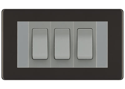 BG Black Nickel Screwless 3 Gang Intermediate Light Switch Custom Grid - Grey Insert