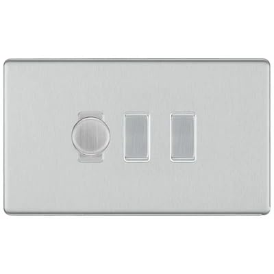 BG Screwless Brushed Steel 3 Gang Light Switch Grid – 1x Trailing-Edge LED Dimmer, 1x Intermediate, 1x 2-Way Switch by British General (BG-SCRL-BS-3G-1x-Dimmer-1x-INT-1x-2Way)