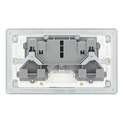 BG Screwless Polished Chrome 13A Double Switched Socket FPC22W with 25mm Steel Back Box