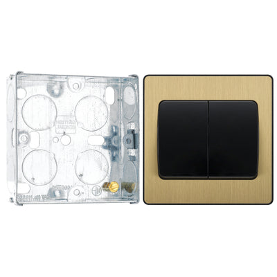 BG Evolve Satin Brass 2G Wide Rocker Light Switch PCDSB42WB with 25mm Steel Back Box