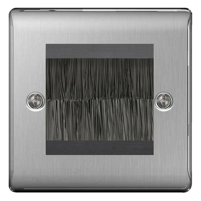 BG Brushed Steel Satin Single 2 Gang Brush Cable Entry Wall Plate Black