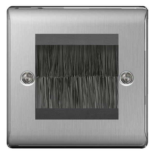 BG Brushed Steel Satin Single 2 Gang Brush Cable Entry Wall Plate Black