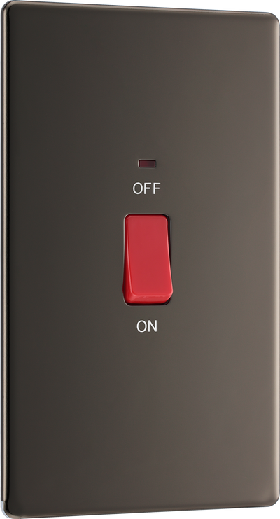 Newlec British General FBN72 Nexus Flatplate Screwless Black Nickel 2 Gang 45A 2 Pole Neon Switch