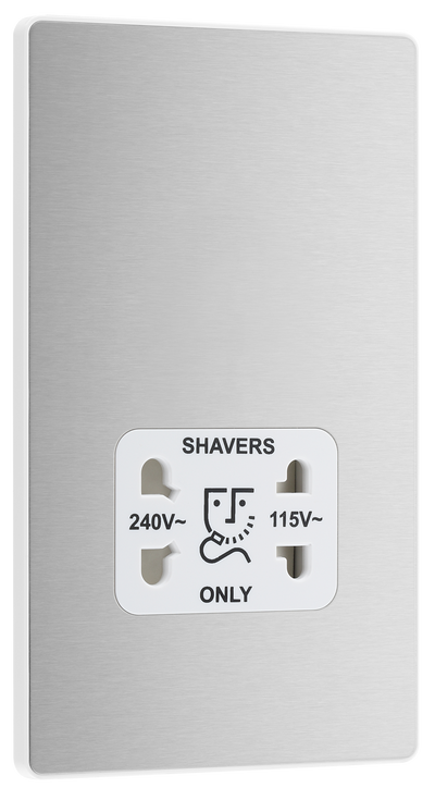 PCDBS20W Front - This Evolve Brushed Steel dual voltage shaver socket from British General is suitable for use with 240V and 115V shavers and electric toothbrushes.
