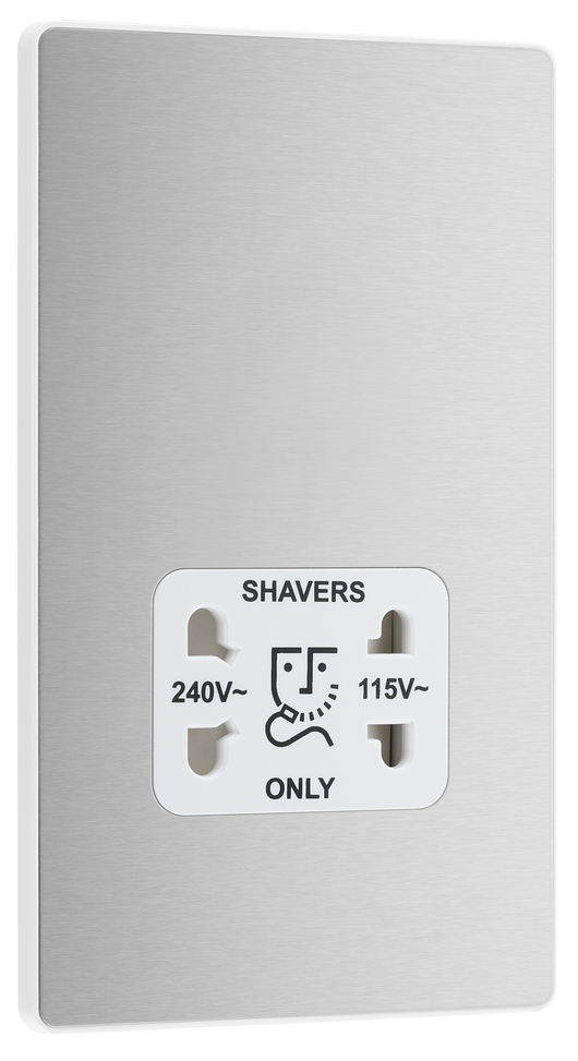PCDBS20W Front - This Evolve Brushed Steel dual voltage shaver socket from British General is suitable for use with 240V and 115V shavers and electric toothbrushes.