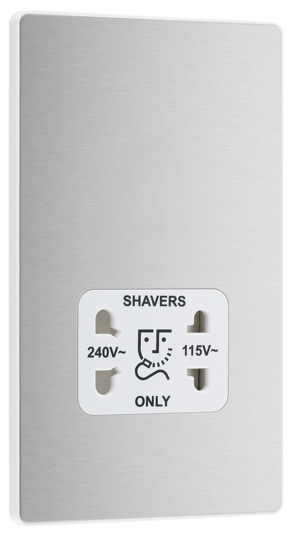 PCDBS20W Front - This Evolve Brushed Steel dual voltage shaver socket from British General is suitable for use with 240V and 115V shavers and electric toothbrushes.