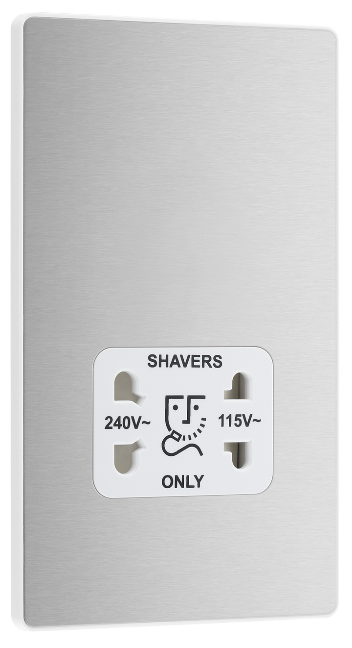 PCDBS20W Front - This Evolve Brushed Steel dual voltage shaver socket from British General is suitable for use with 240V and 115V shavers and electric toothbrushes.