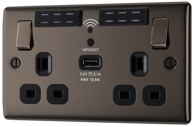 BG NBN22UWRB Nexus Metal Black Nickel 2 Gang 13A 1x USB-A 2.1A Wi-Fi Range Extender Switched Socket
