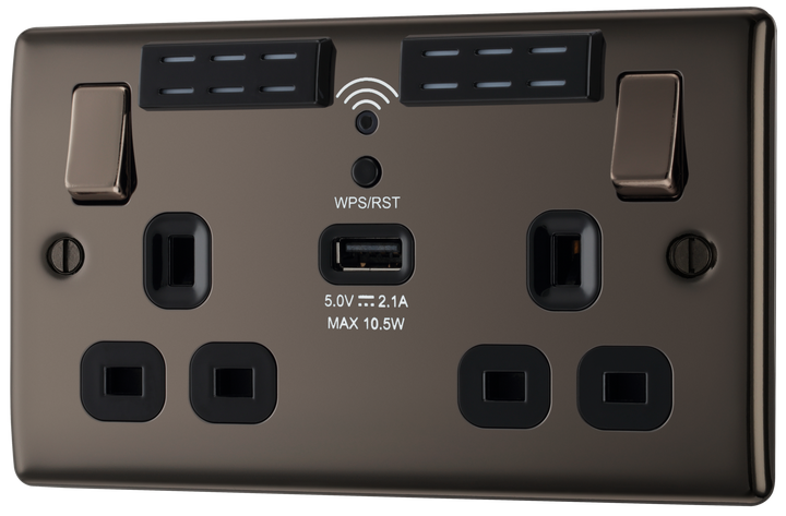 NBN22UWRB Front - This 13A double power socket with integrated Wi-Fi Extender from British General will eliminate dead spots and expand your Wi-Fi coverage.